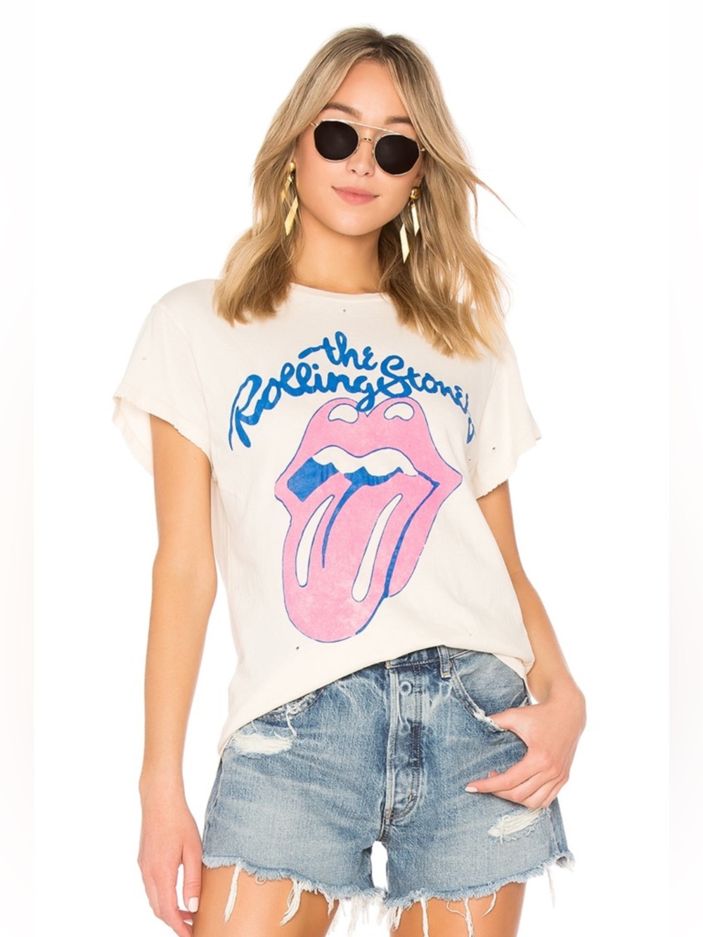 MadeWorn Rolling Stones White Tee with Pink Tongue and Blue Script
